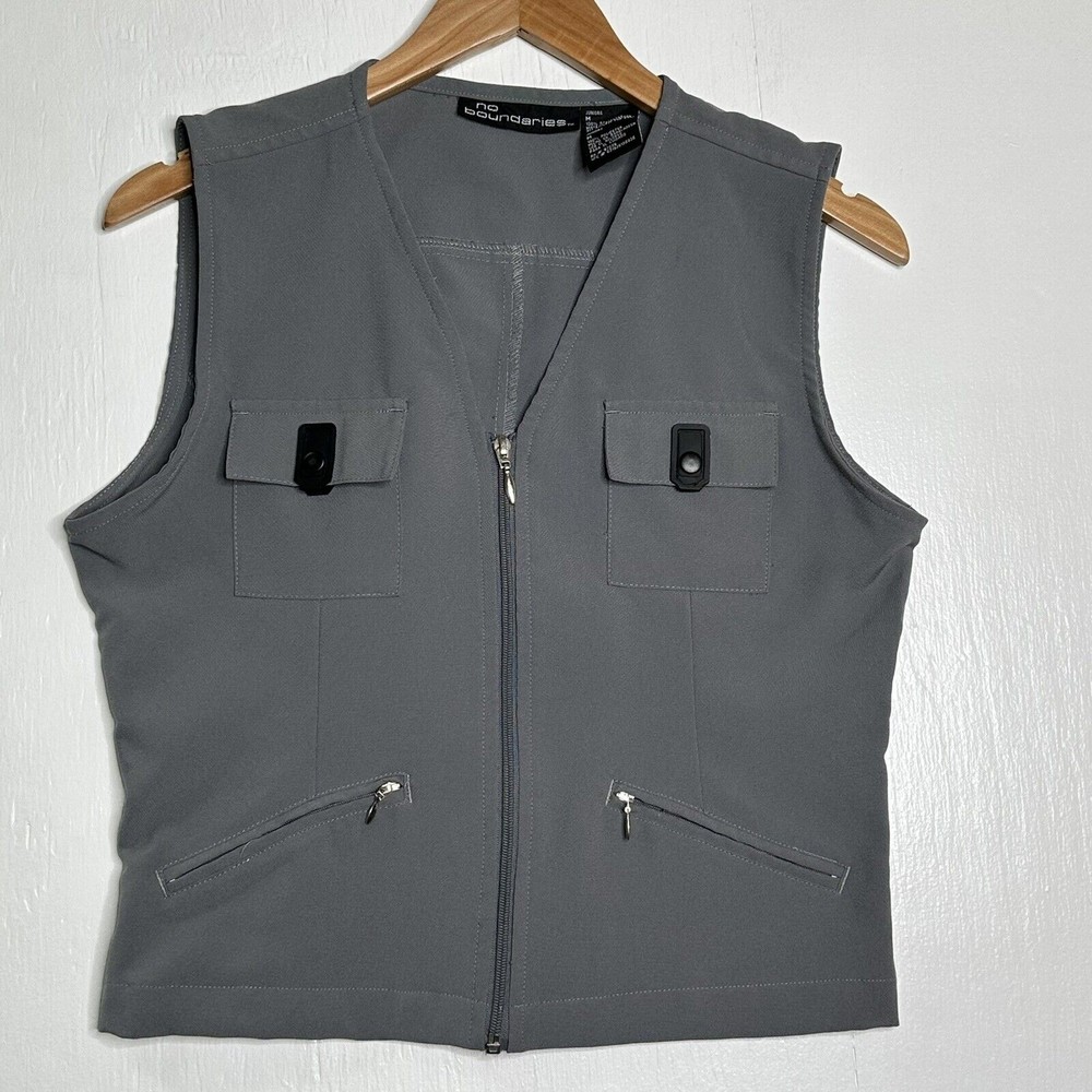 Y2K Utility Moto Vest Size Medium No Boundaries Juniors Gray Zipper Pocket VTG